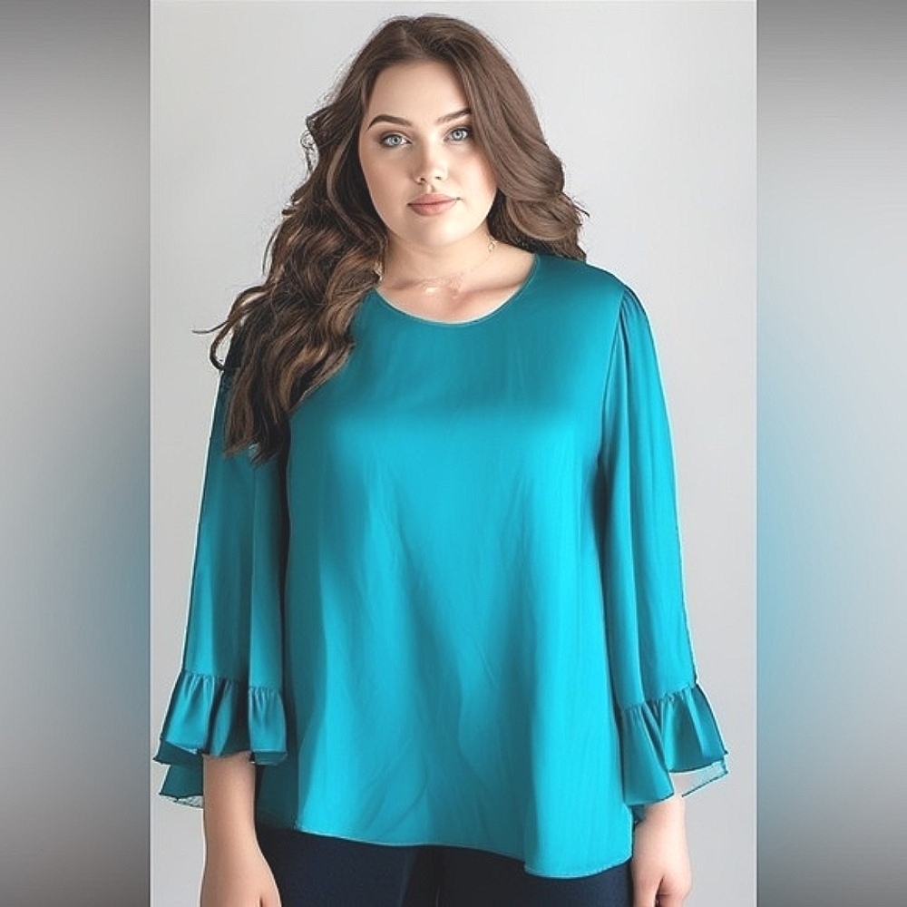 ELOQII PLUS SIZE 20 TOP AQUA BLUE RUFFLES‎ BLOUSE SUMMER FALL NWOT